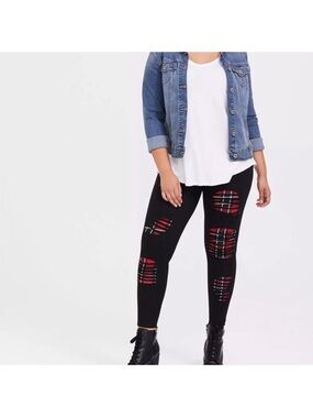 Torrid Signature Waist Full Length Slashed Red Plaid Detail Black Leggings 5